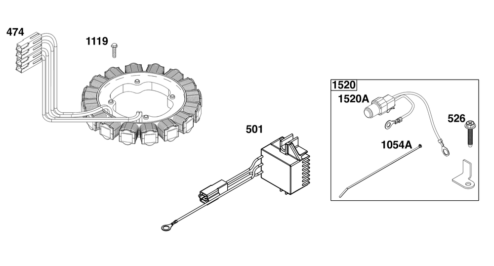 Alternator Group Diagram and Parts List for 61G977-0004-J1 400000 - 699999 Briggs and Stratton Engine